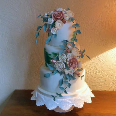Wedding Cake decorated with handcrafted flowers and brush strokes