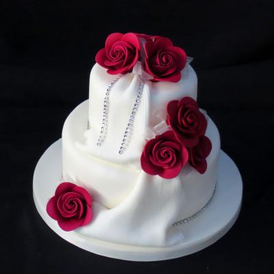 Burgundy Rose Diamante Drape Wedding Cake